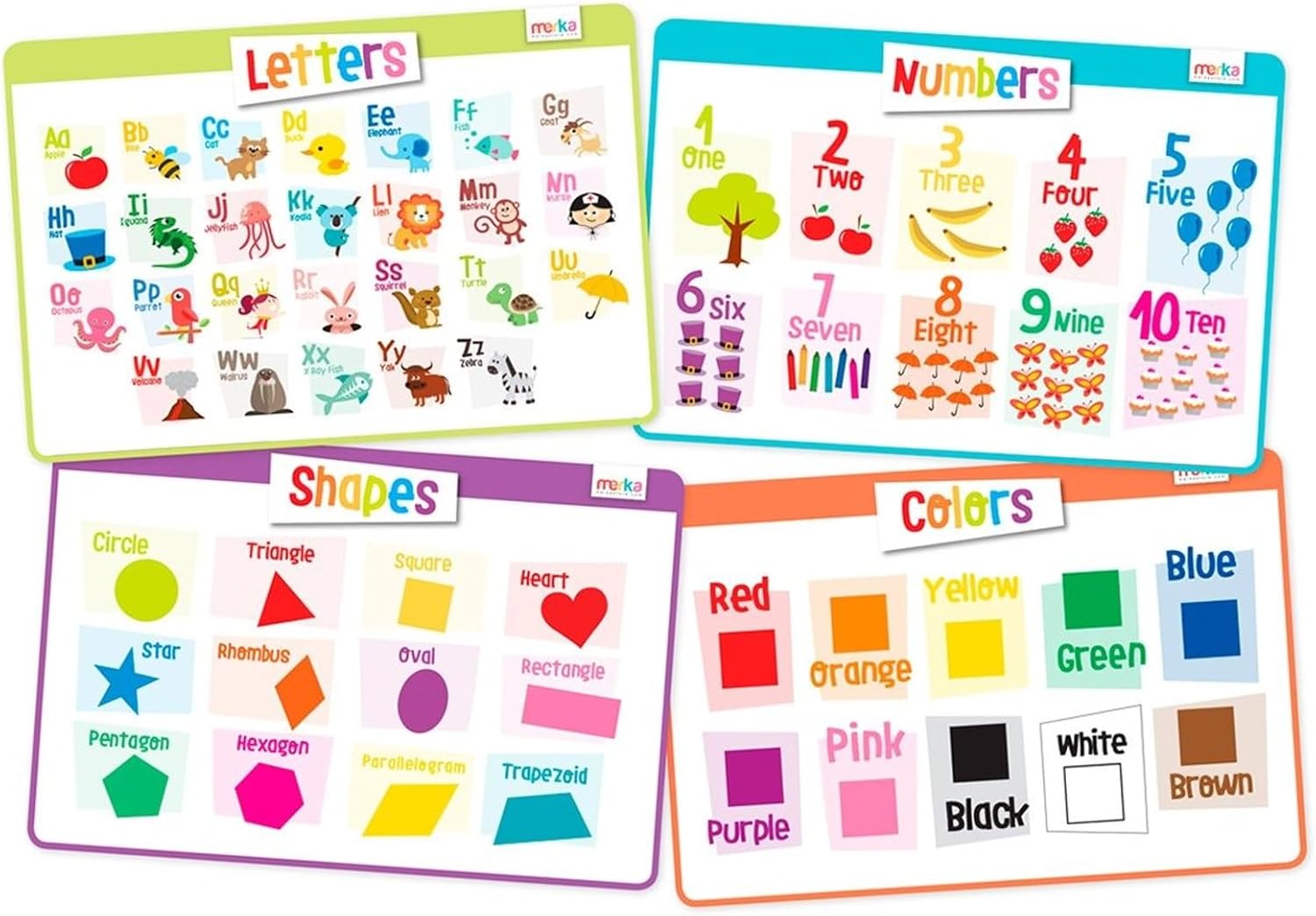 Merka 4 Pack Educational Placemat for Kids & Toddlers, Reusable, Washable Mat with Secure Grip Back for Dining Table, Learning Letters, Numbers, Shapes, Colors,17 x 11 inches