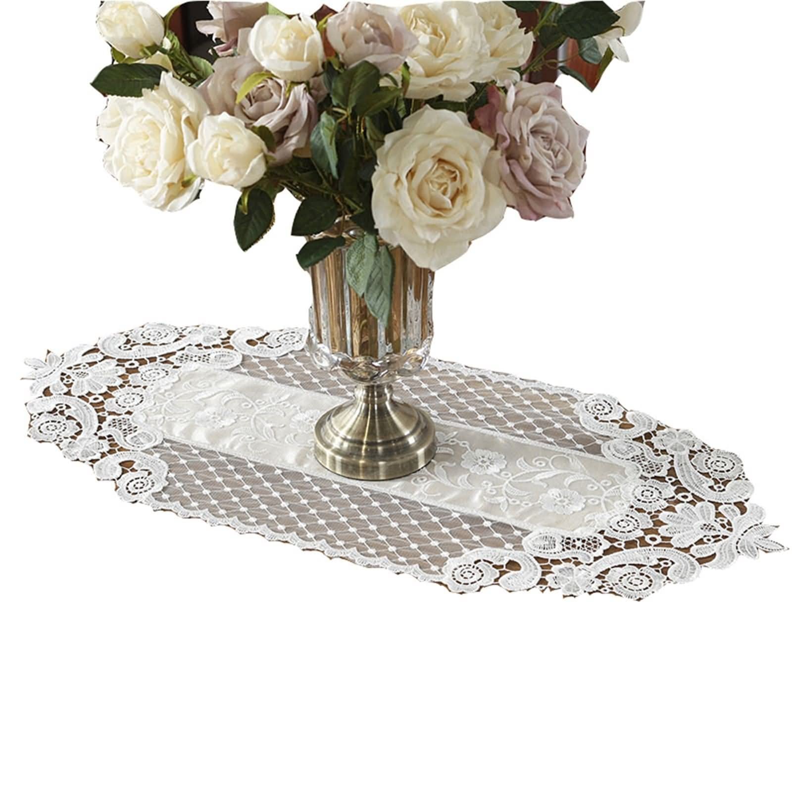 Tischläufer Klein, Tischtuch Halloween aus Polyester Dreieckiges Spitzen Mesh Stickmuster Hell Beige 30x250CM für Abendessen Bauernhaus Dekor
