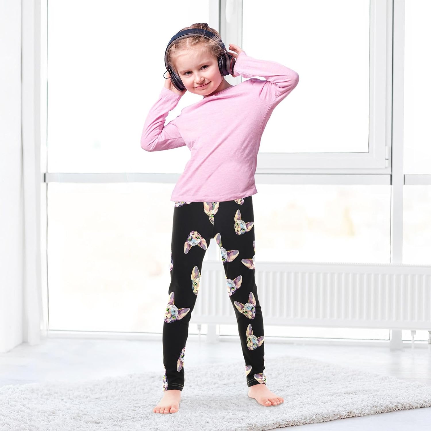 Full-Length Girls Leggings Cute Sphynx Cat Black