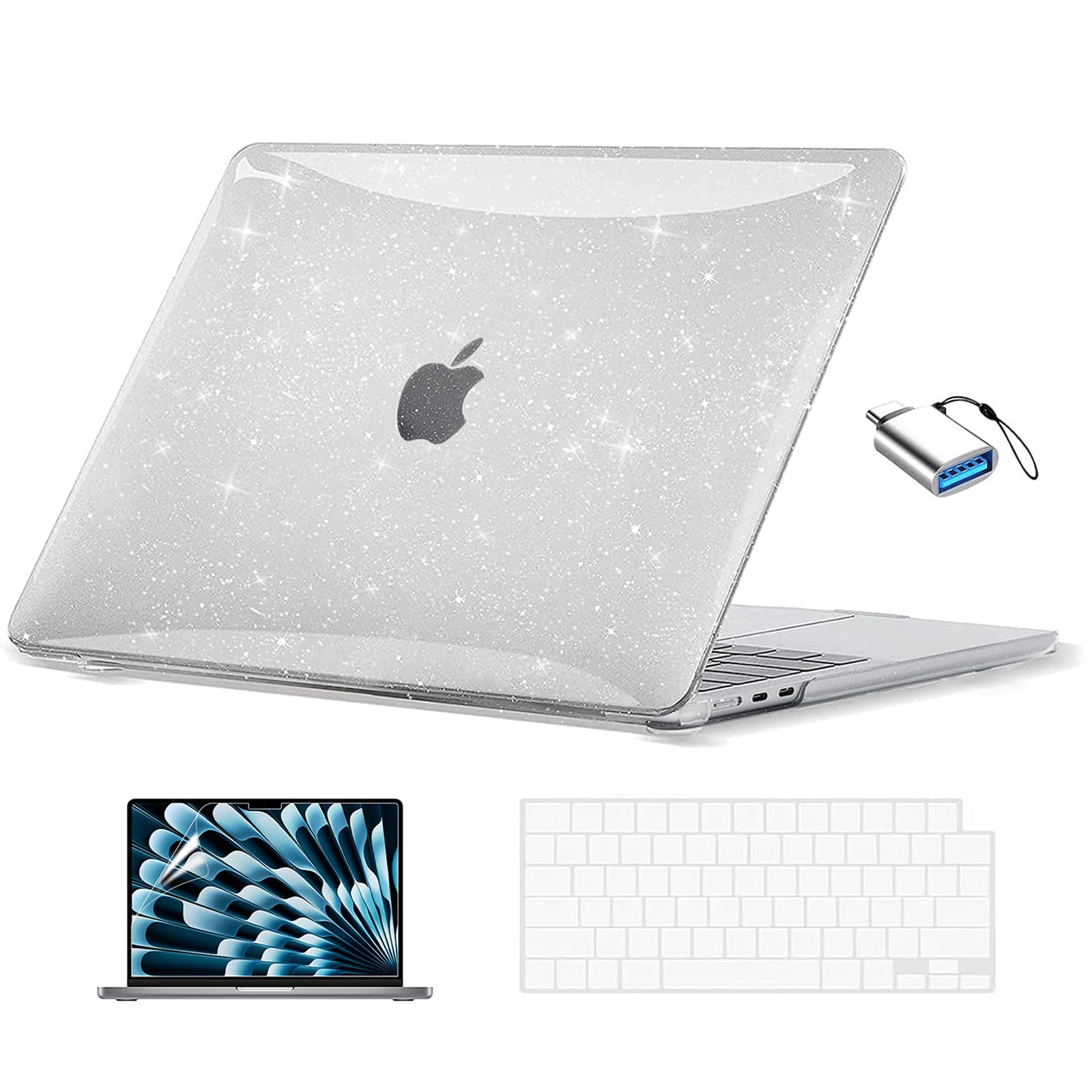 EooCoo for MacBook Air 13 inch Case M5/M4/M3/M2 2026-2022, Sparkly Clear