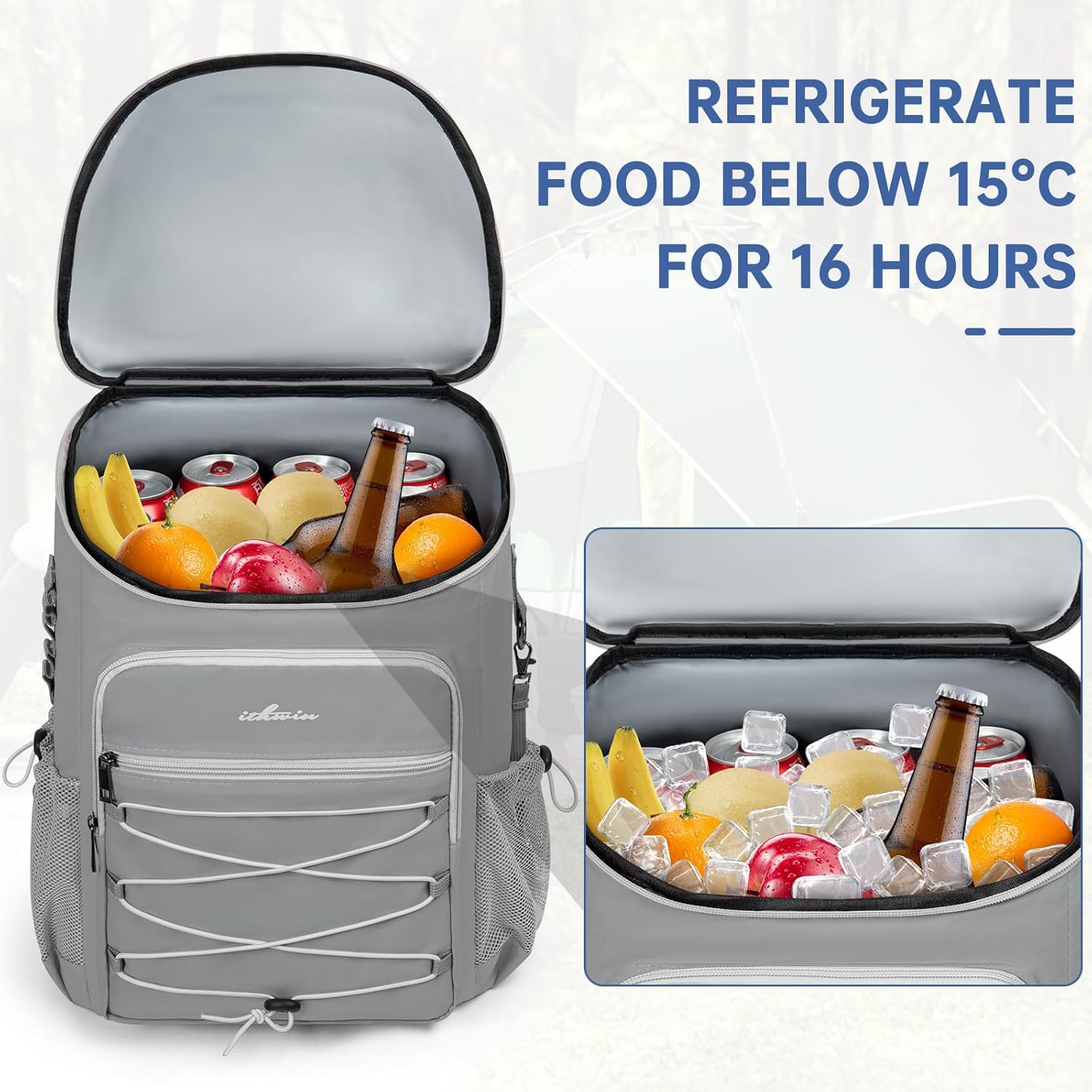 28L Kühlrucksack, auslaufsicherer Picknick-Kühlrucksack für 30 Dosen Getränke (330 ml), cooler Rucksack für Camping, Picknick, Wandern, Grillen, Strand, Grau