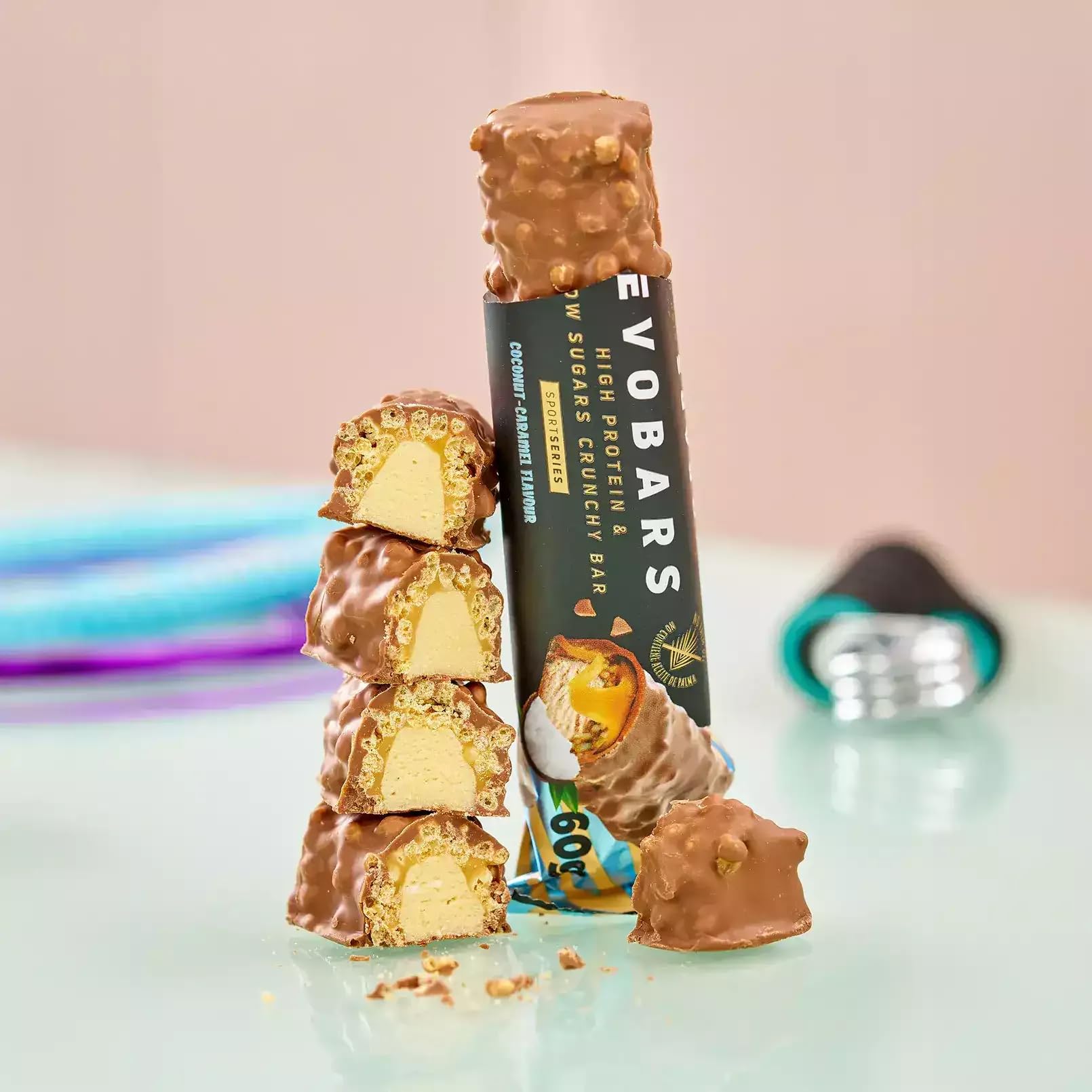 HSN Evobars Barritas de Proteínas 19g Proteína | Coco Caramelo - Pack 12x60g | Bajas en Azúcar y Sin Aceite de Palma | Snack Fitness Crujiente Alternativa a Batidos de Proteína