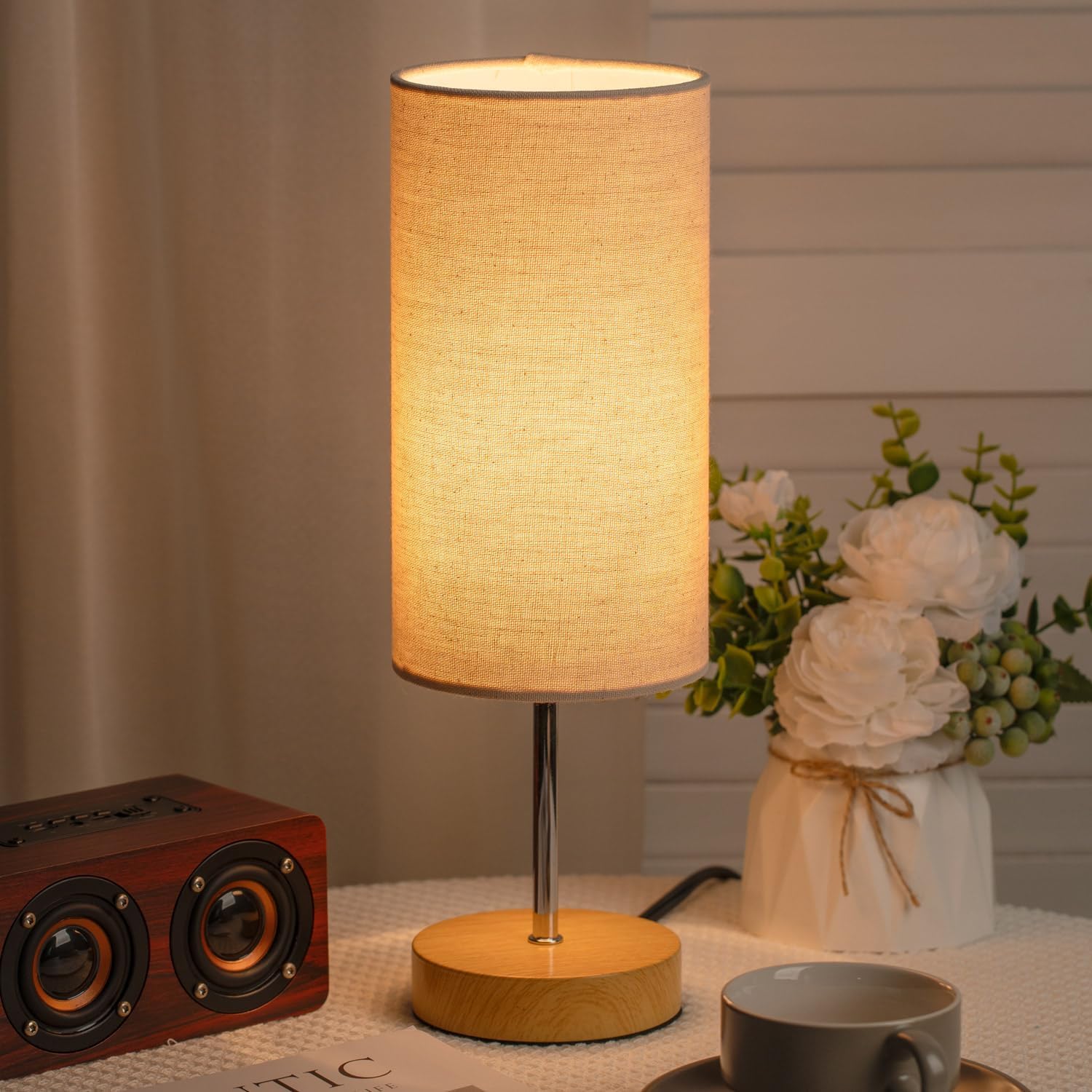 PrettyKrafts Cylindrical Table Lamp with Wooden Base | Size 40×40×46 cm | Natural Color | Modern Decorative Bedside Desk Lamp, Nightstand Lamps & Living Room Lamp | Home Décor Lighting