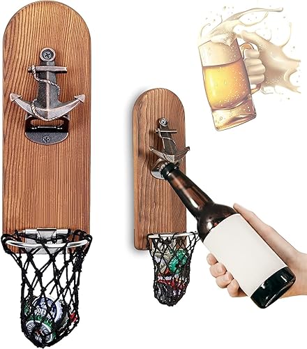 LUCYLANKER Abrebotellas de cerveza montado en la pared con receptor de tapa magnética, abrebotellas magnético de madera para refrigerador, regalos