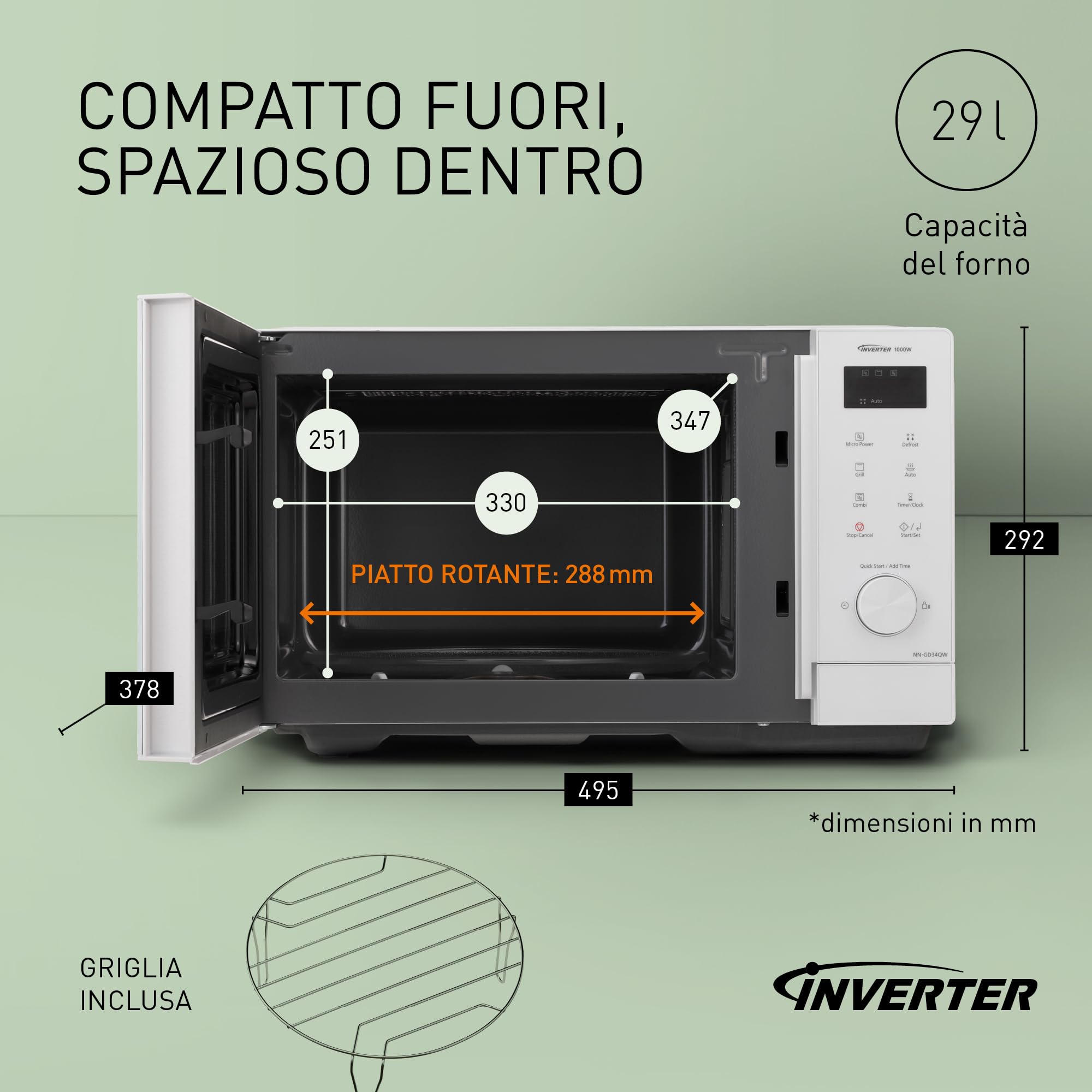 Panasonic NN-GD34QWEPG Forno Microonde con Grill 29L, 1000W, Scongelamento Automatico, Cottura Combinata, Timer, Bianco