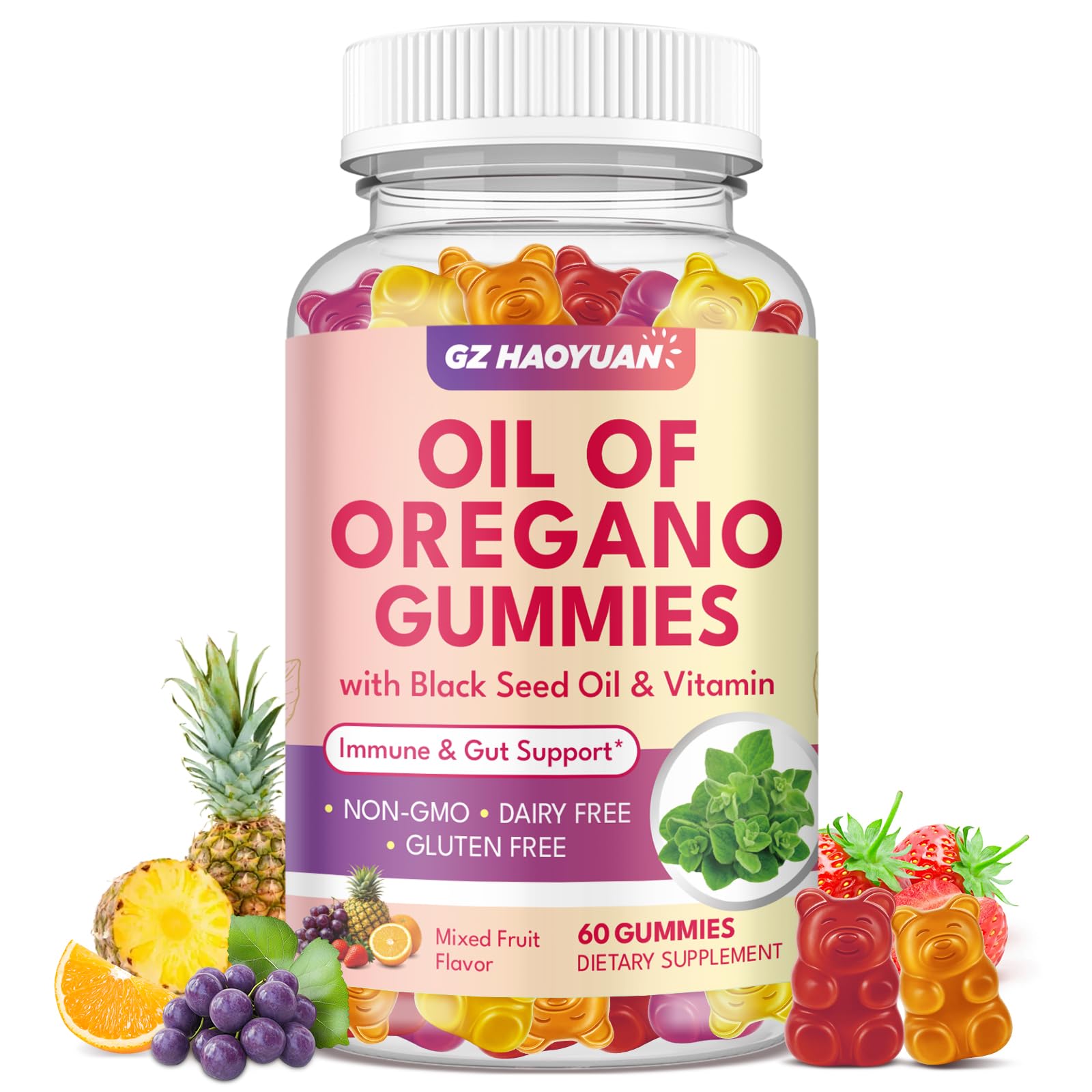 Oil of Oregano Gummies with Black Seed Oil + Vitamin D3, Oregano Oil High Carvacrol, Immune & Digestive Support, Antioxidant Support, Fruit Flavor, 60 Gummies Mixed Fruit 60 Count (Pack of 1)