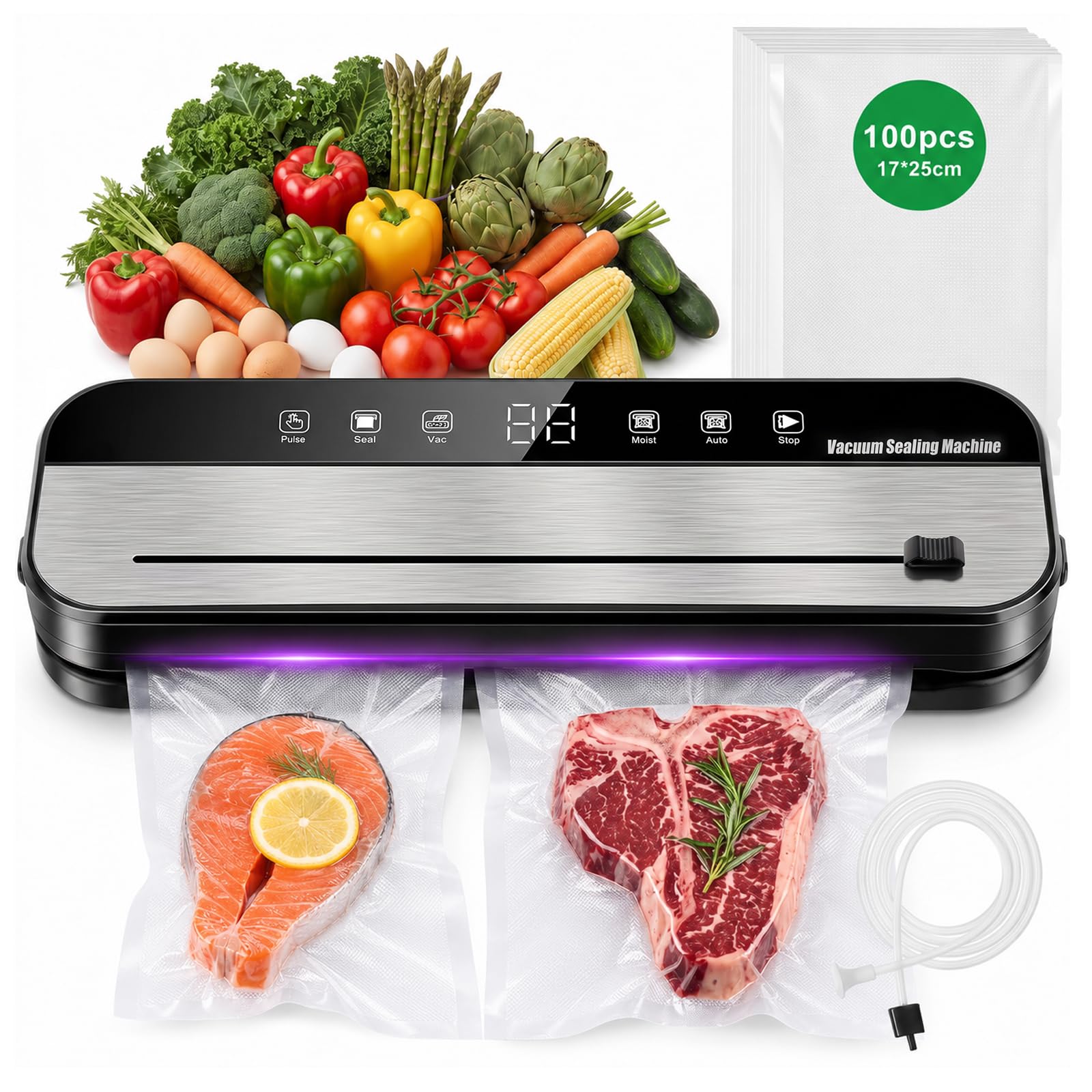 Vacuum Sealer Machine, 75 kPa Food Vacuum Sealer Machine with 100 Pcs Vacuum Seal Bags | Multi-Functional Easy Seal Bag Sealer with UV Sterilization, 30cm Longer Seal | For Kitchen Food Preservation