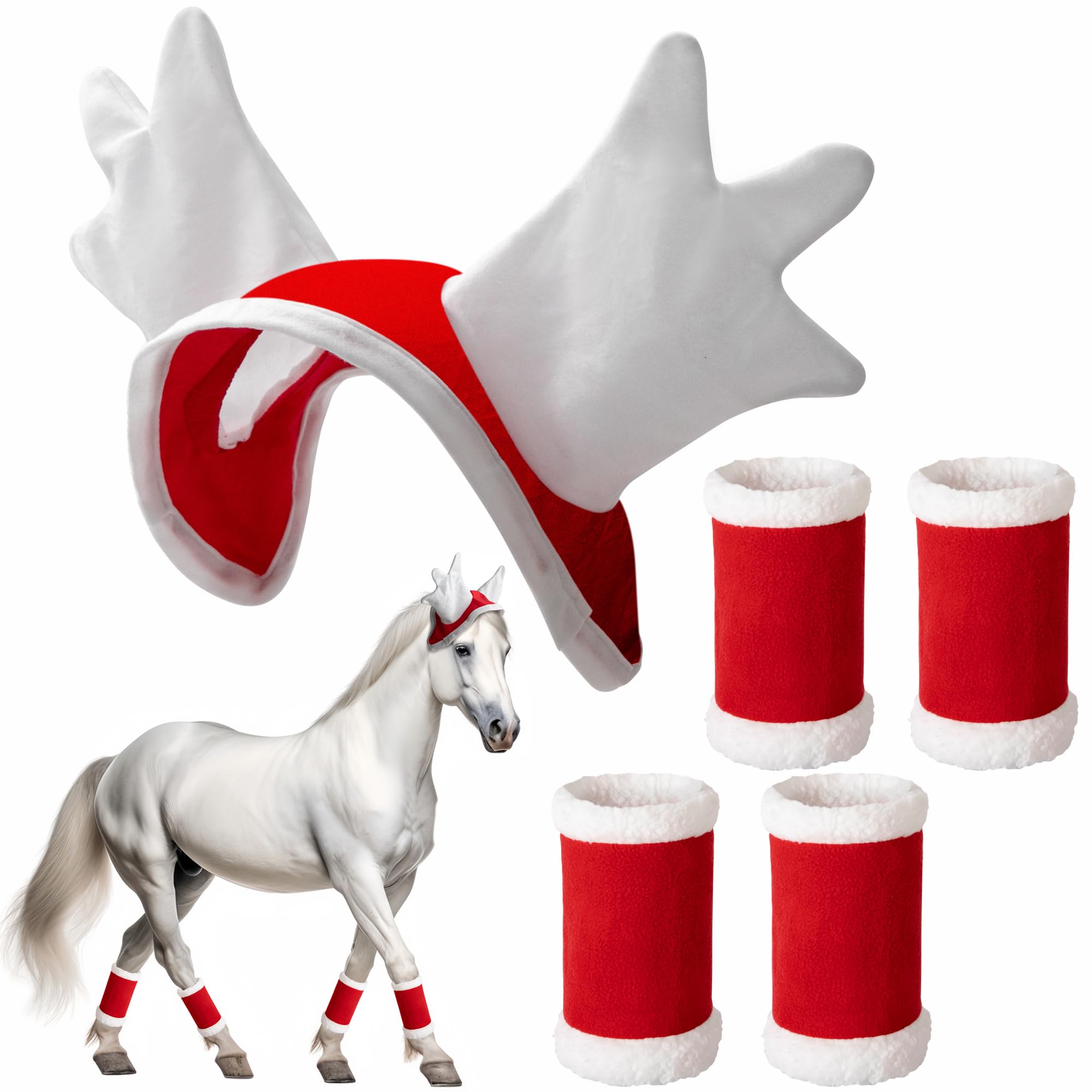 5 unidades/6 disfraces de Navidad de caballo, envoltura de terciopelo para piernas de caballo, sombrero de Snata, almohadilla de sillín para suministros de fiesta de vacaciones