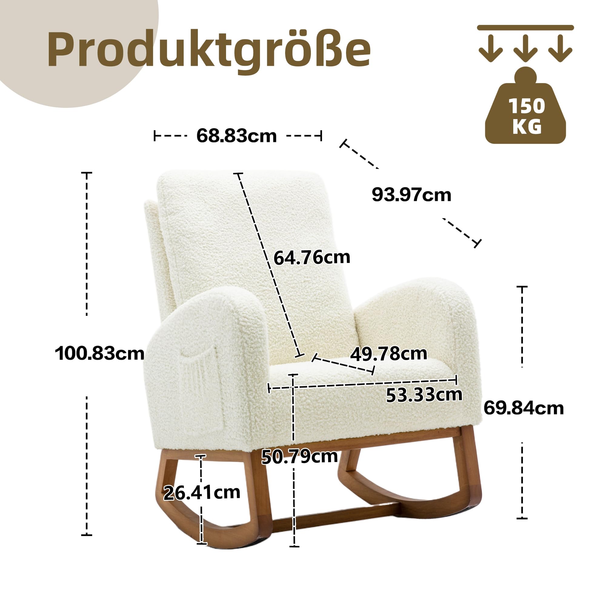 Sedia a dondolo moderna, imbottita, per cameretta dei bambini, comoda poltrona con tasca laterale, poltrona da soggiorno con schienale alto (Bianco)