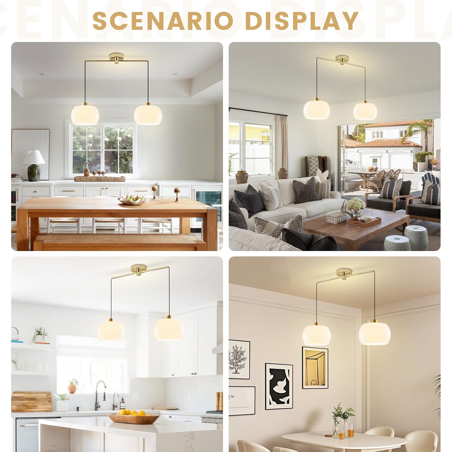 Modern Living Room Pendant Light 2-Light White Glass Pendant Light with Golden Brass Finished, Modern Adjustable Kitchen Island Light Fixture Gold Hanging Light for Dining Room Farmhouse