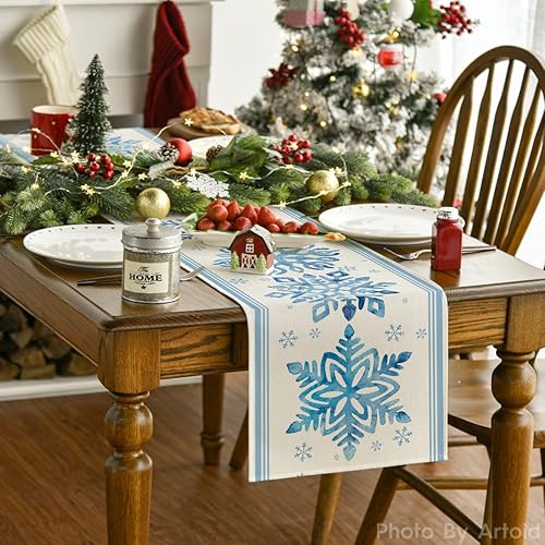 Miniatura 9 de Artoid Mode Camino de mesa azul copo de nieve de Navidad decoración de mesa de comedor de invierno de temporada para fiesta en casa al aire libre 13