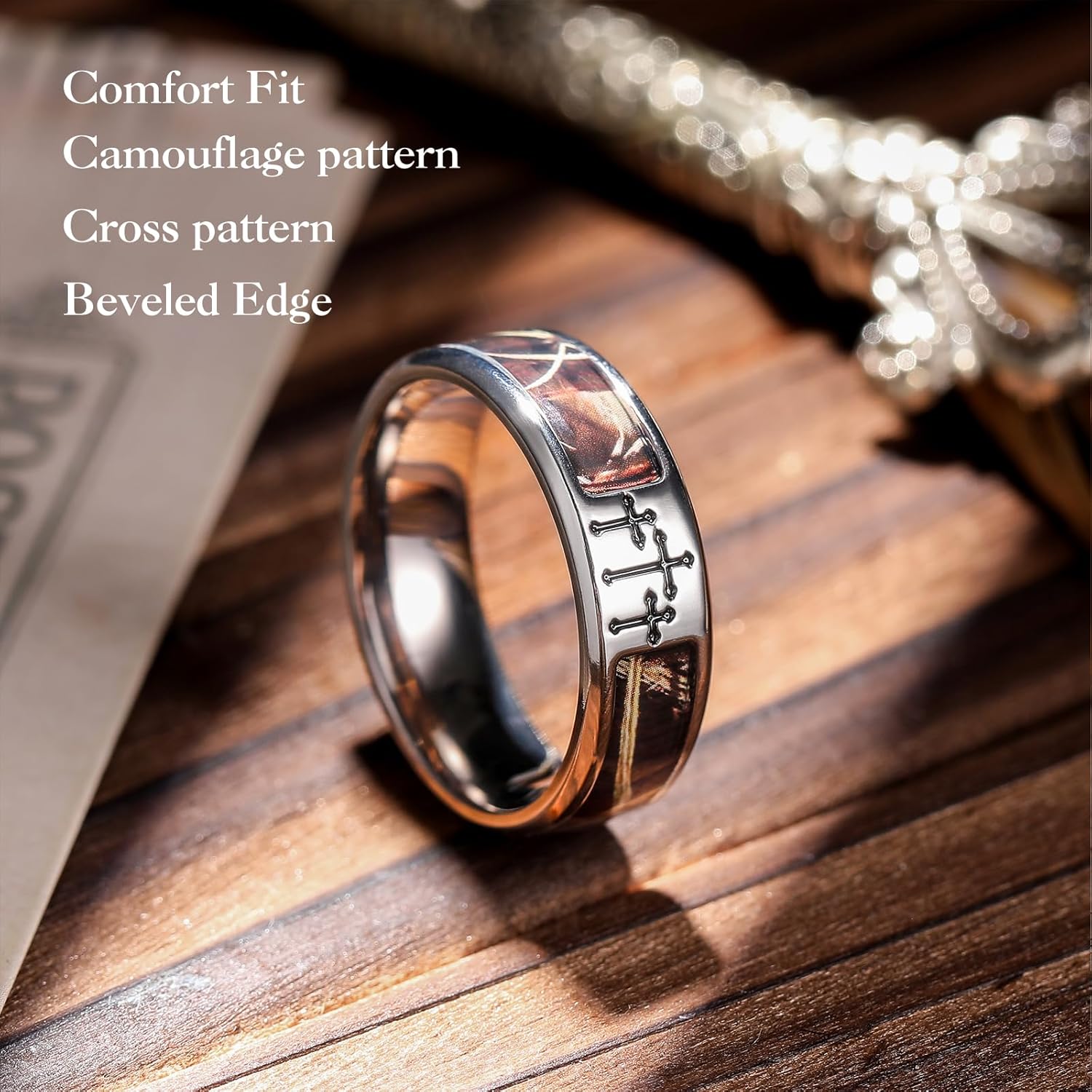 King Will Cross Titanium Wedding Band for Men Women-8mm Width Wedding Ring in Black/Sliver/Gold Plated with Brown Camouflage Inlay Comfort Fit Size 7-14