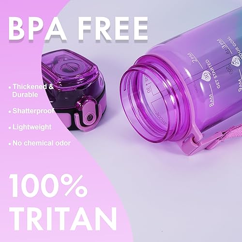 Miniatura 4 de Botella de agua de 32 onzas con popote desmontable, botellas de agua motivacionales transparentes con tiempo para beber, jarra de agua deportiva sin