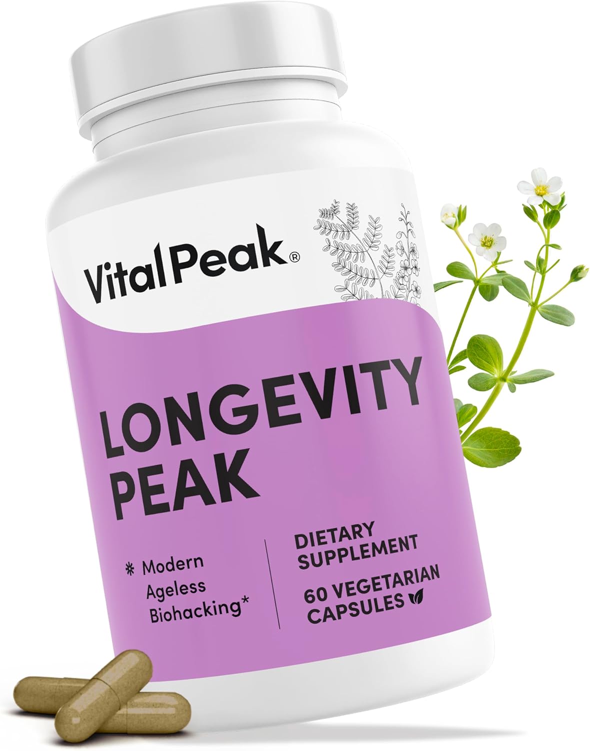 Vital Peak® Longevity Peak - Healthy Aging & Cellular Energy Support Supplements for Women & Men - with Ashwagandha, Astragalus, Cat's Claw, Ceylon Cinnamon, L-Lysine, L-Glutamine & More - 60 Capsules