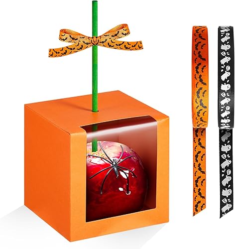 Juego de 50 cajas de papel kraft para Halloween con agujero y cintas de 4 x 4 x 4 pulgadas, cajas de regalo transparentes para ventana, galletas de