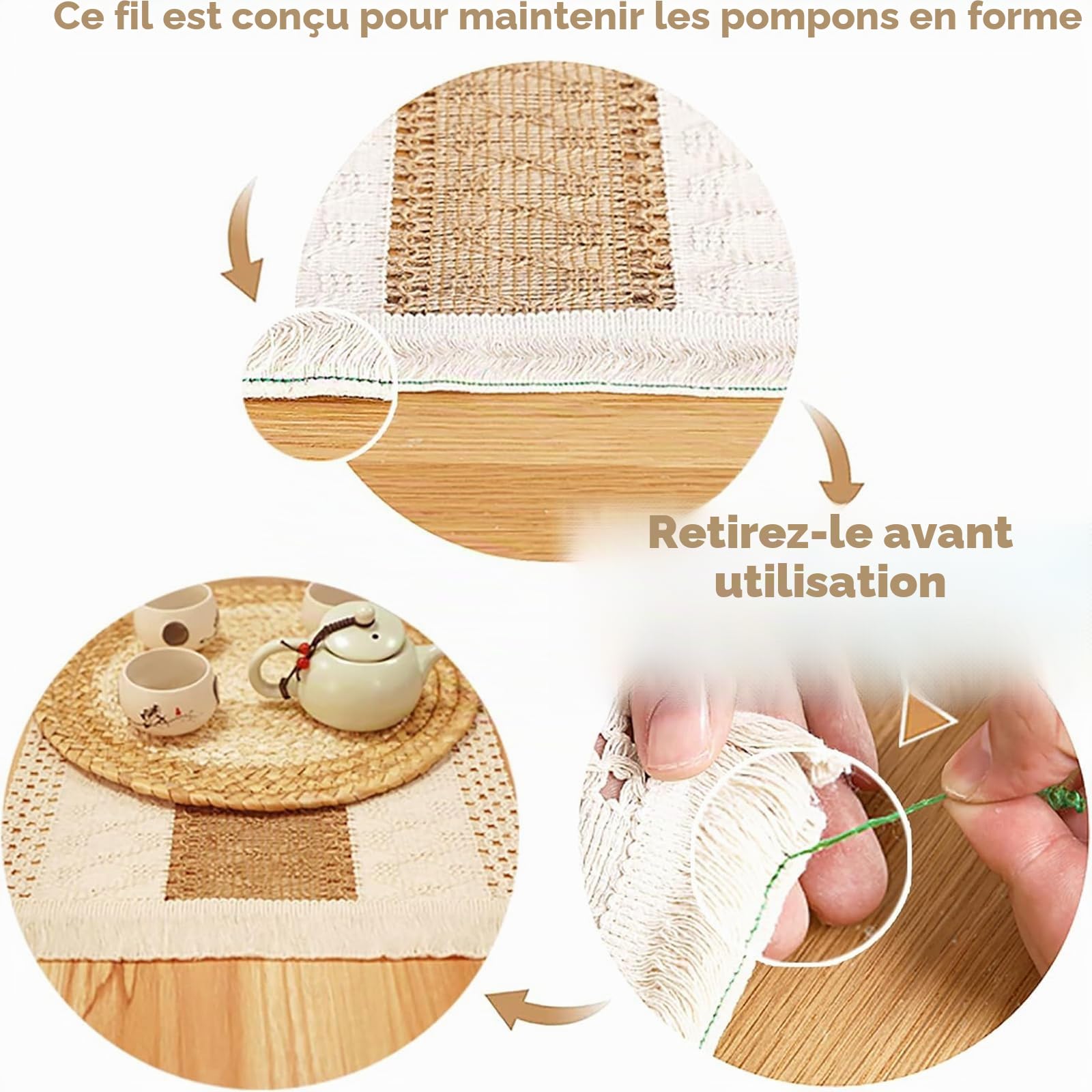 Lot de 6 sets de table tissés à la main en toile de jute de coton naturel et paille d'eau tissée, décoration en macramé et style ferme, pour table à manger, cuisine