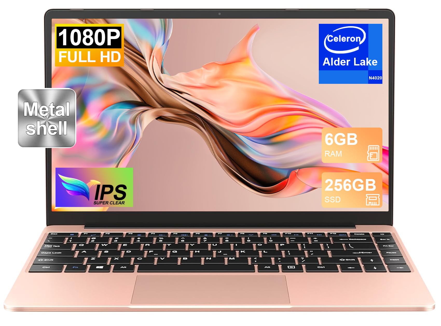 NOTODD 2026 Laptop 14 Zoll Win11 Pro 6GB DDR4 256GB SSD TF Unterstützung 1TB Celeron N4020 (bis 2.8GHz) Full Metal 5000mAh Notebook mit 1080P Mini HDMI Deutscher Tastaturschutz und kabellose Maus-Gold