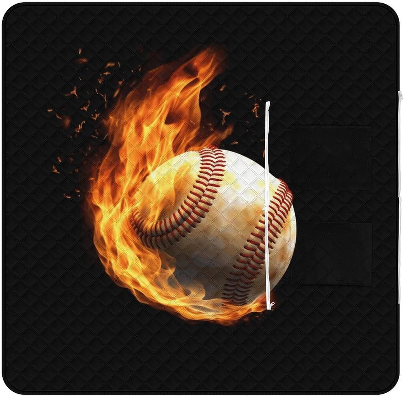 Fire Baseball Picnic Blanket with Zipper Water Resistant Sand Free Picnic Mat Washable Foldable Easy Carry Beach Blanket for Lawn Beach Hiking Camping