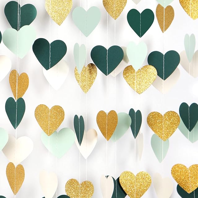 Sage-green Mint Beige-Gold Love-Heart Garland - 52Ft Rustic Wedding Hanging Decoration Streamers Banner, Baby Safari Birthday Bachelorette Bridal Shower Engagement Valentines Party Decor
