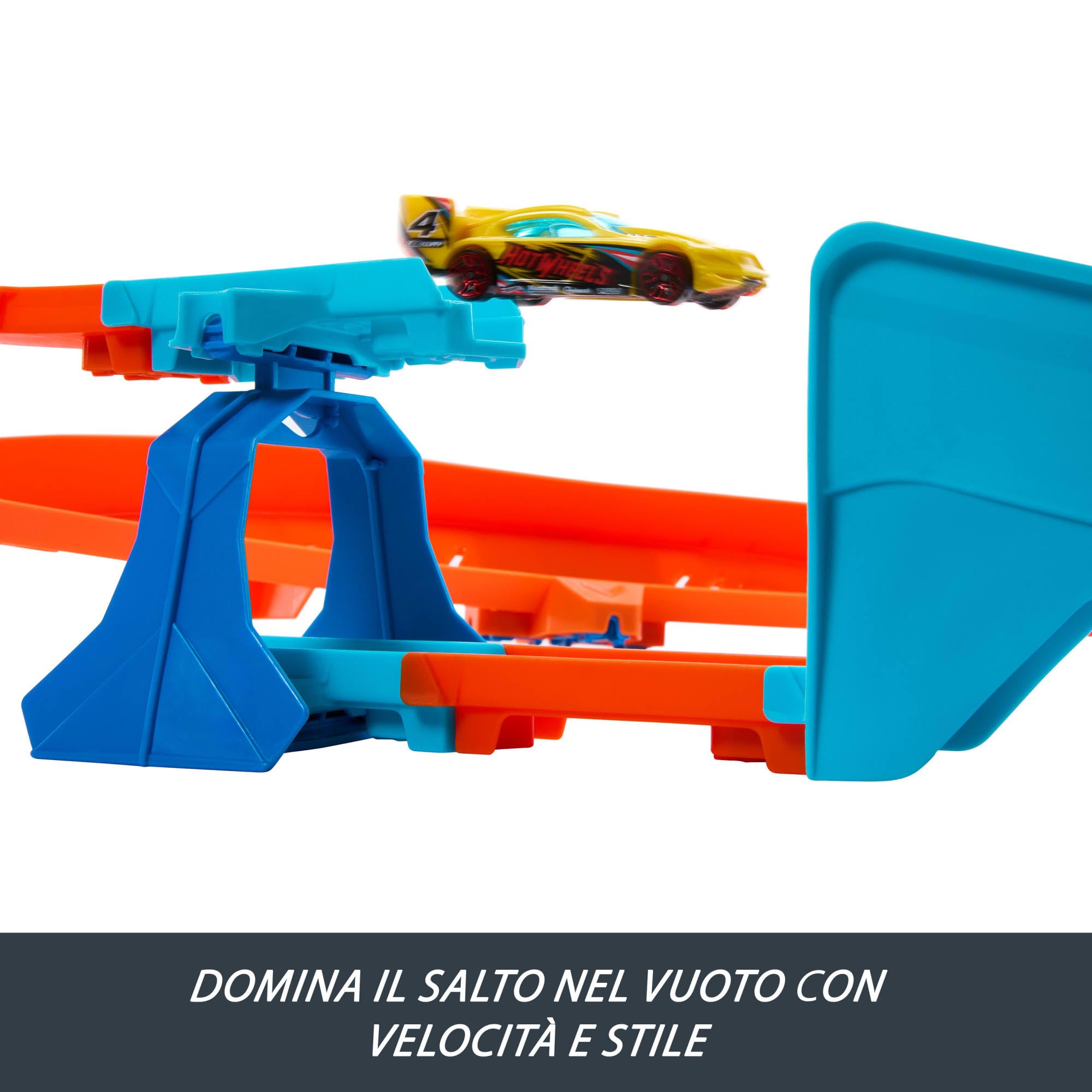 Hot Wheels - Boosted Jump Speedway, set pista con box deluxe da costruire e booster motorizzato, macchinina in scala 1:64 inclusa, giocattolo per bambini, 5+ anni, JDB49