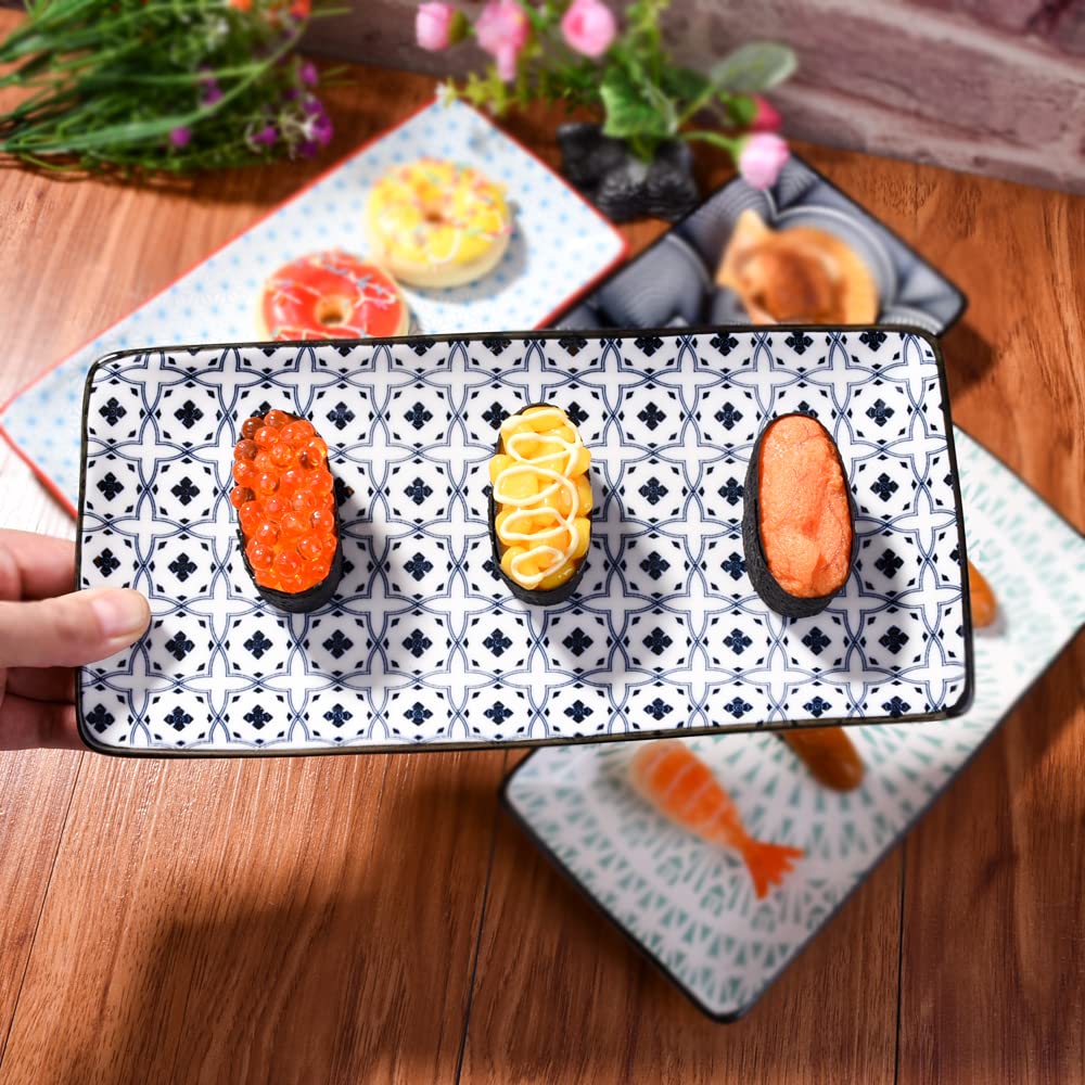 Juego de 4 platos de sushi japoneses rectangulares de cerámica para sushi y patas rectangulares