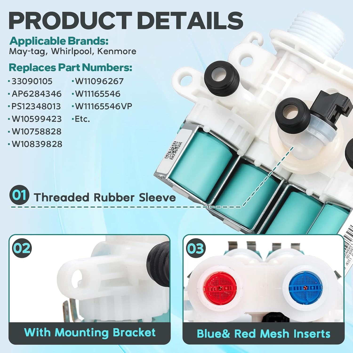 Upgraded W11165546 W11096267 Washer Water Inlet Valve for Maytag Whirlpool Washer Water Inlet Valve Washing Machine Parts Replaces W10758828 W10599423 W11165546VP 33090105 AP6284346 PS12348013