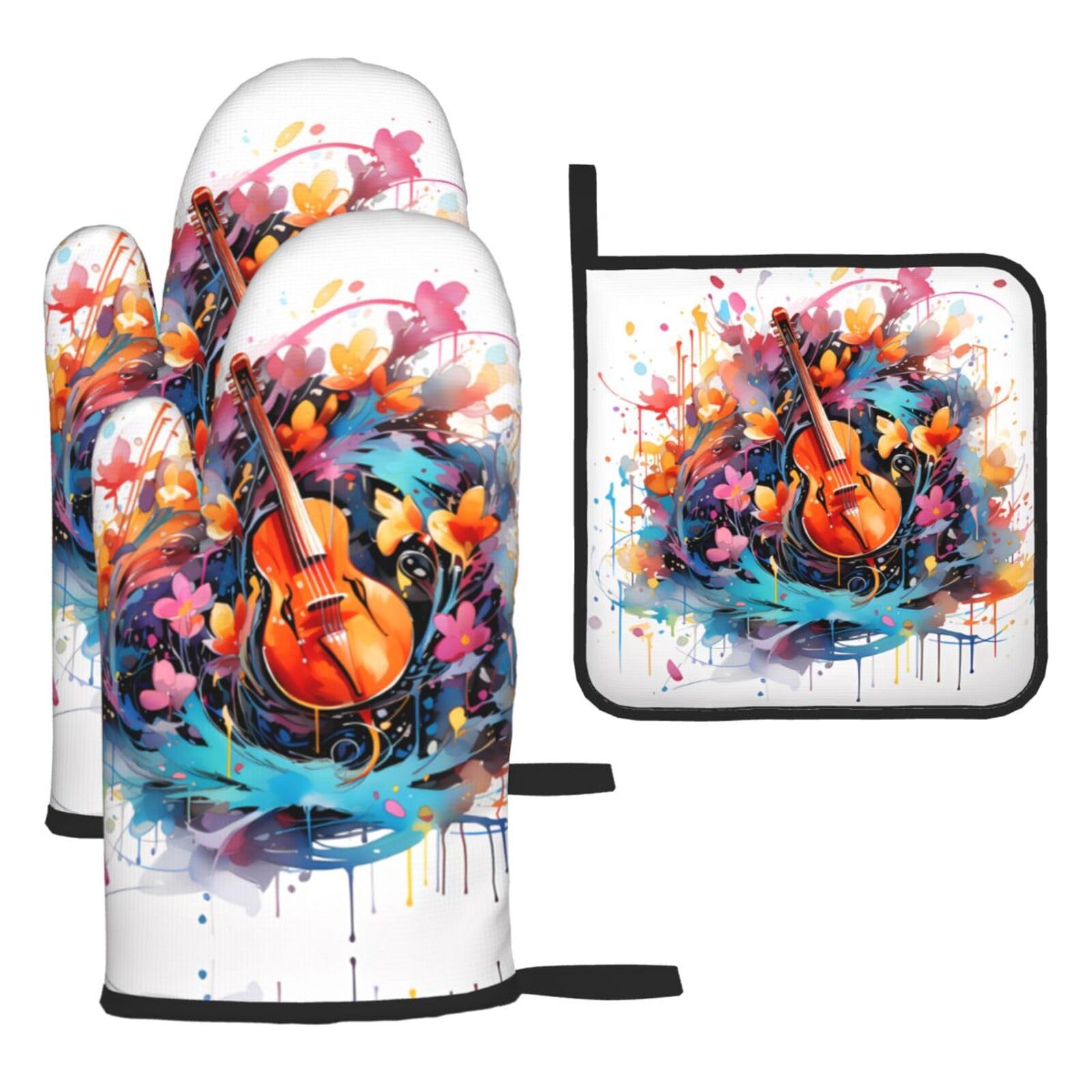 Colorful Note Guitar Oven mittens and oven mitts three-piece set suitable for oven, grilling, baking, microwave and home cooking.