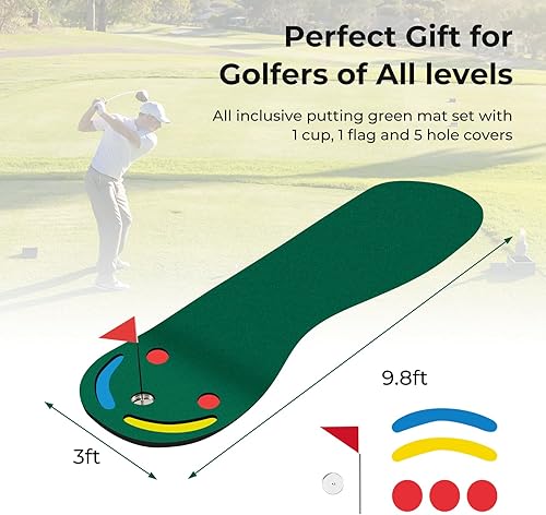 Miniatura 6 de Goplus Putting Green - Esterilla de práctica de golf de 9.8 pies x 3 pies con 3 tazas de putting y bandera, alfombrilla de entrenamiento portátil