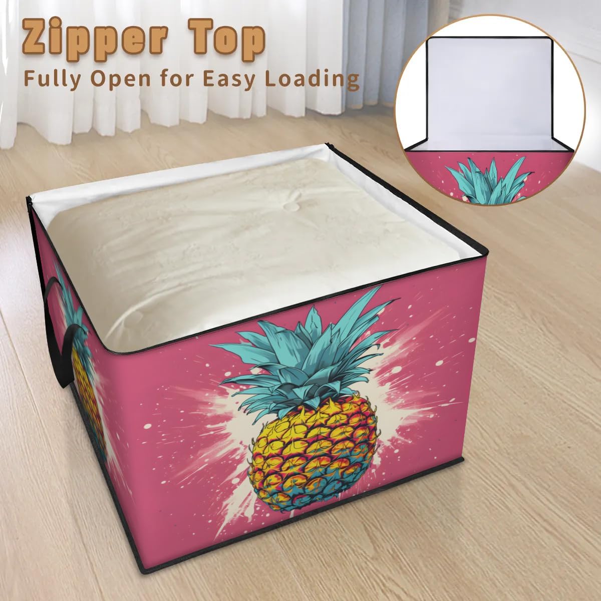 Honeybaby 214L Extra Large Comforter Storage Bag Watercolor Splash Pineapple Storage Totes with Lids Waterproof Closet Organizer Folding Blanket Storage Bags for Clothes Bedding Pillows