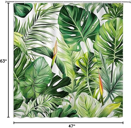 Miniatura 8 de Cortina de ducha con hojas verdes tropicales, hojas de palmera, monstera, plátano, selva, acuarela, juego de cortinas decorativas con ganchos, 70