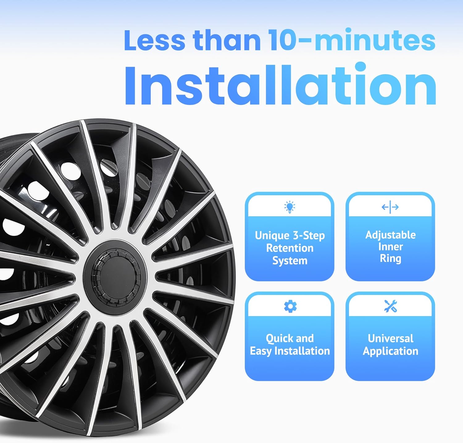 Alpena Austin Vehicle Wheel Covers, Premium European-Made Rim Covers with 3-Step Retention System, Durable Hub Caps Fits Most Steel Wheels, Set of 4, 17 Inch, Silver & Black