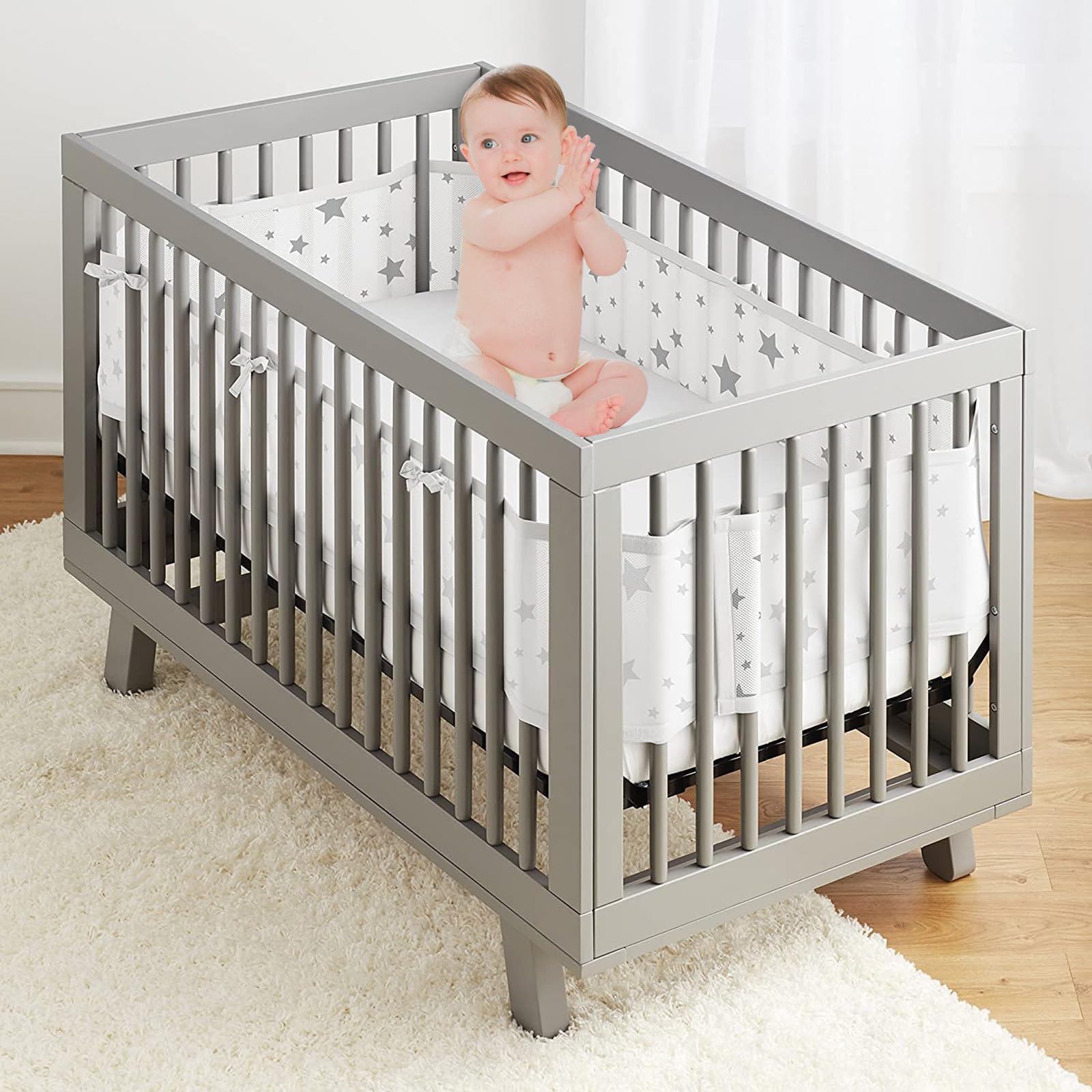 Paracolpi Lettino,2 Pezzi Paraurti in Rete Traspirante a Circolazione d'Aria,4 Lati Paraurti COT Baby Protezione,Regolabile Rimovibile,Lavabile -340cmx30cm + 160cmx30cm (Stella Bianca)