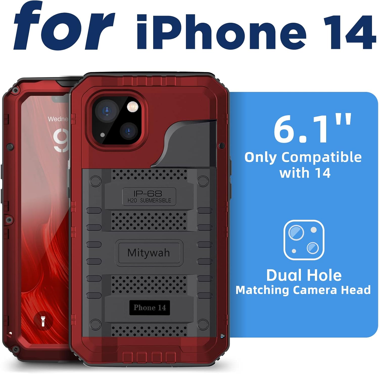 Mitywah Waterproof Case for iPhone 14, Heavy Duty Shockproof Case with Built-in Screen Protector, Full Body Underwater Protective Metal Case 6.1 inch, Red - Image 2
