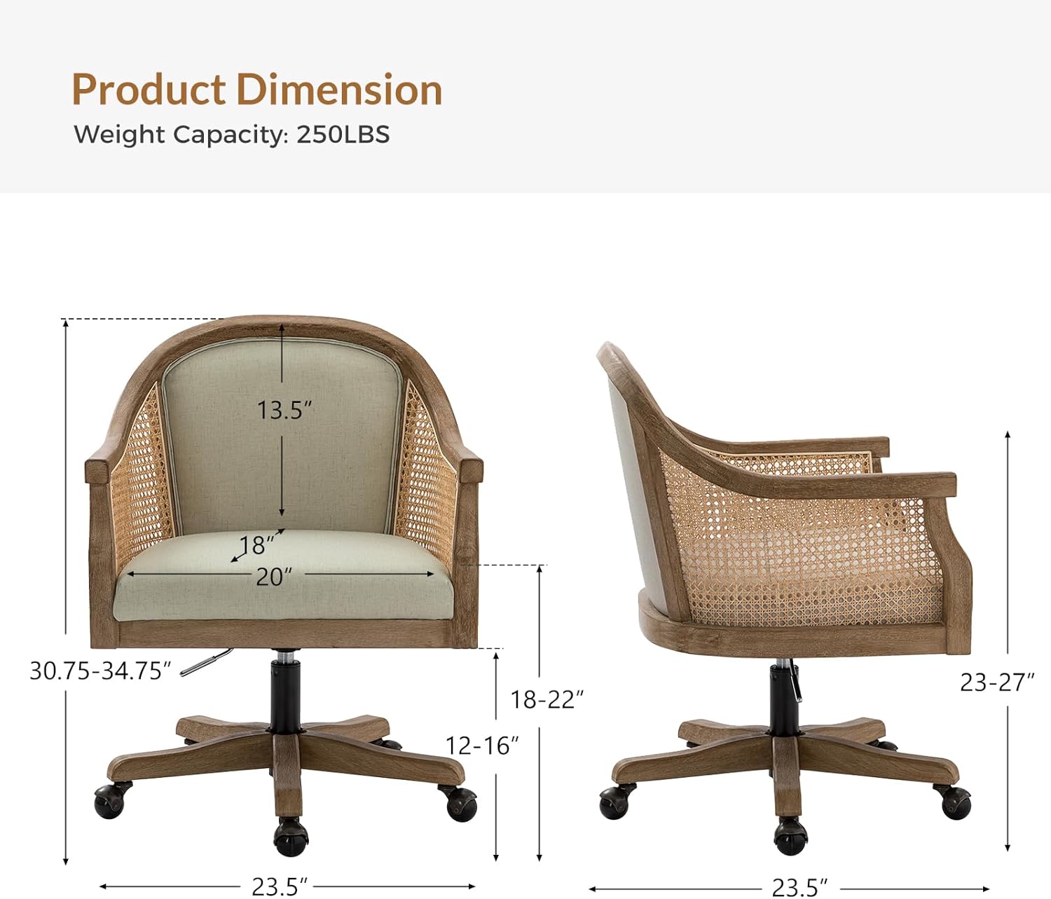 Linen Upholstered Rattan and Wood Swivel Desk Chair