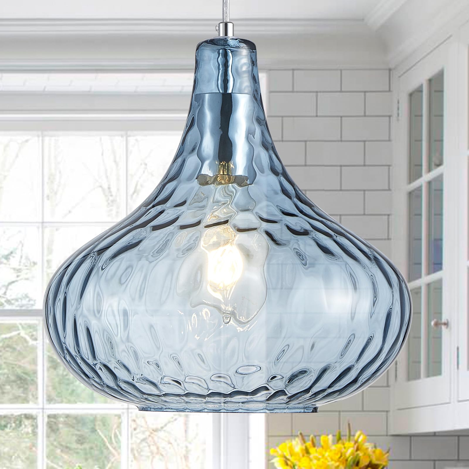 Photo 1 of 11 Inch Blue Hammered Glass Pendant Light Brushed Nickel Ceiling Lamp