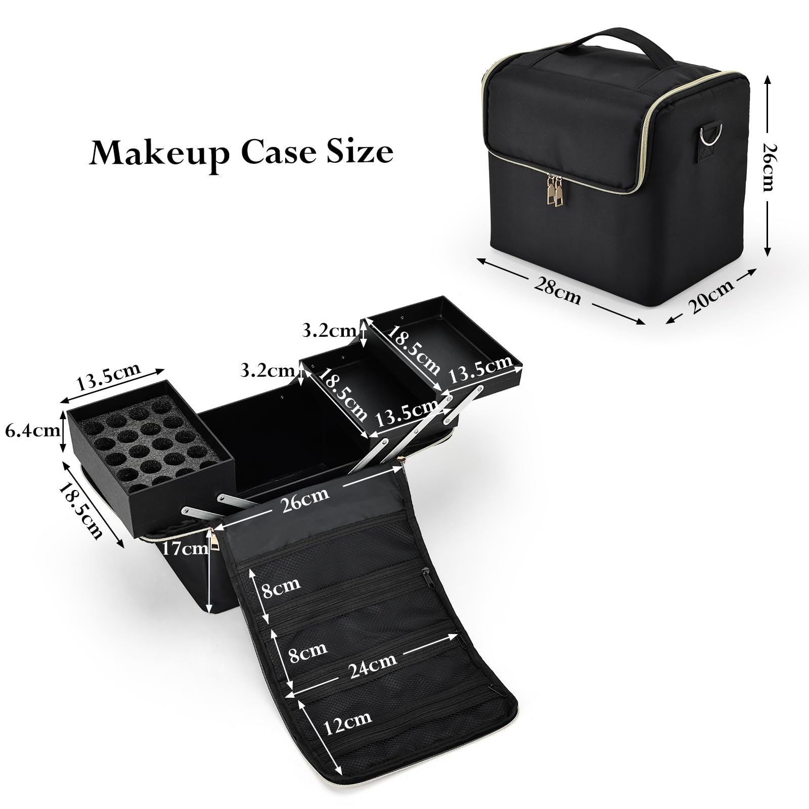 Joligrace Make-up-Tasche Kosmetiktasche Kosmetikkoffer Nagellack Organizer mit Schultergurt, Schwarz , Extra Large