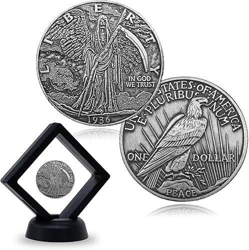 The Grim Reaper Morgan Hobo Coin chapado en plata sobre réplicas de monedas de cobre con elegante vitrina de monedas