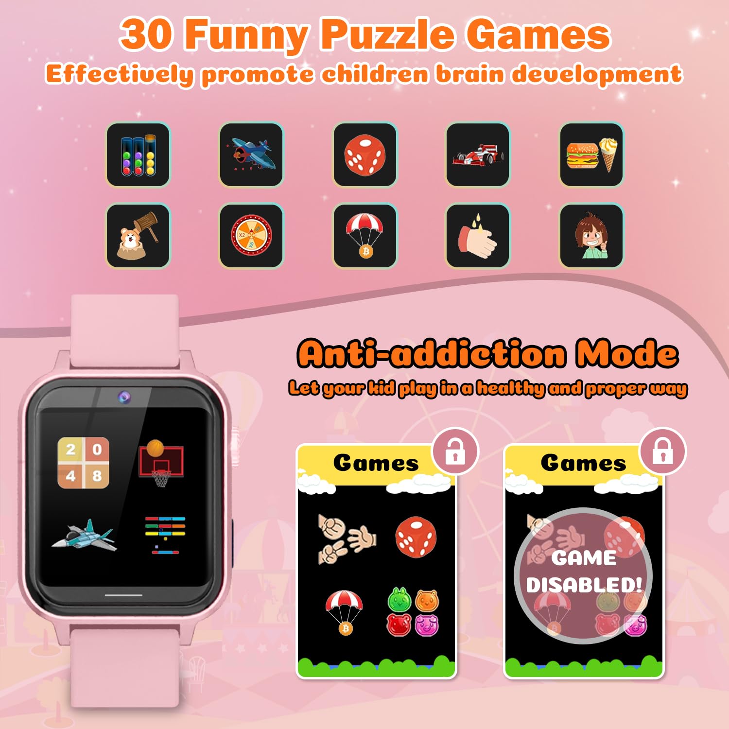 Orologio Smartwatch Bambini con 30 Giochi, Touch Screen Smartwatch per Bambini con Fotocamera, Musica, Torcia Elettrica, Sveglia, Calorie, Contapassi, Regalo di Compleanno per Ragazzi e Ragazze Rosa