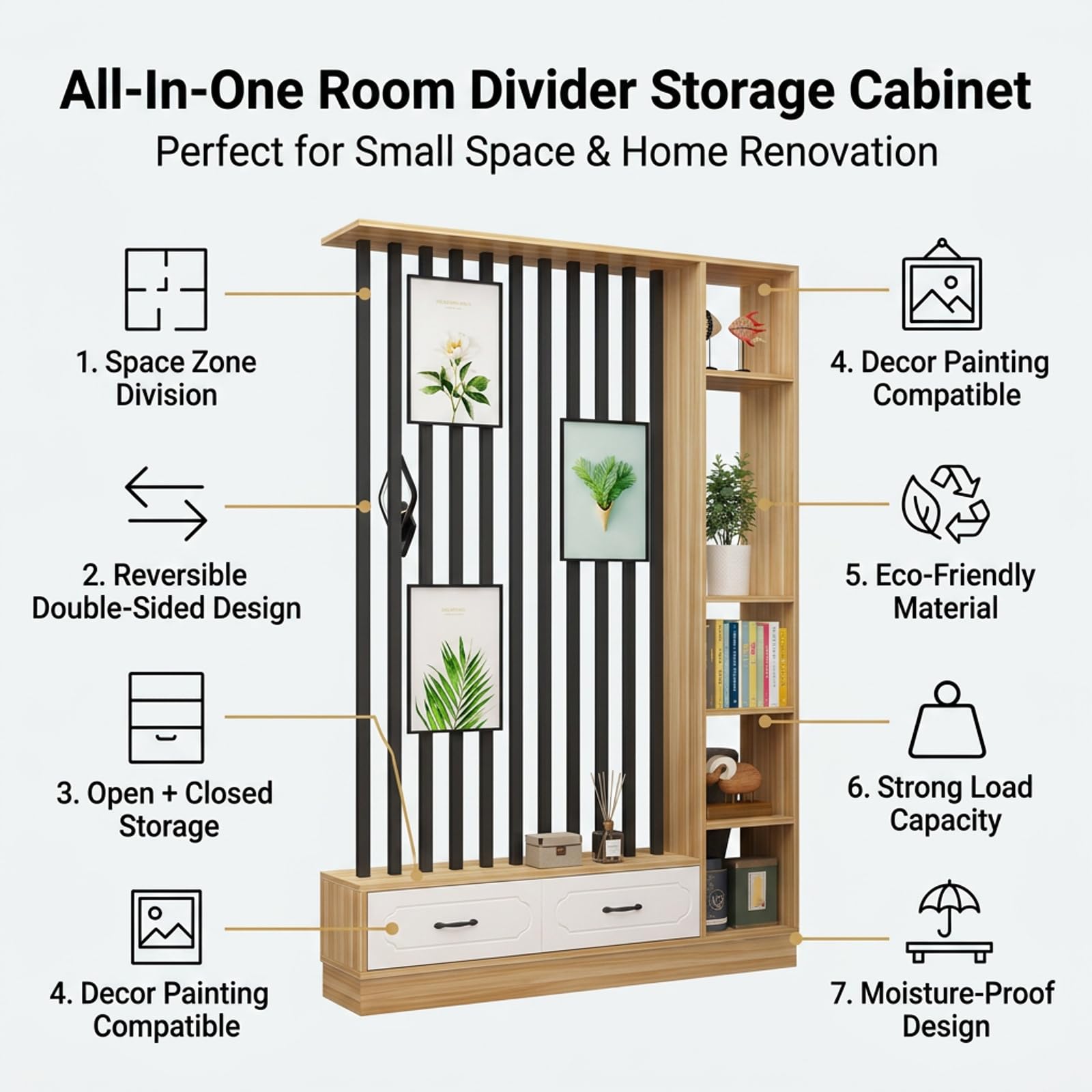 Divisorio per ambienti in legno schermo privacy contenitore con cassetti | Libreria aperta autoportante in legno a griglia, ripiani aperti multilivello(White+Black,100CM/39.4IN)