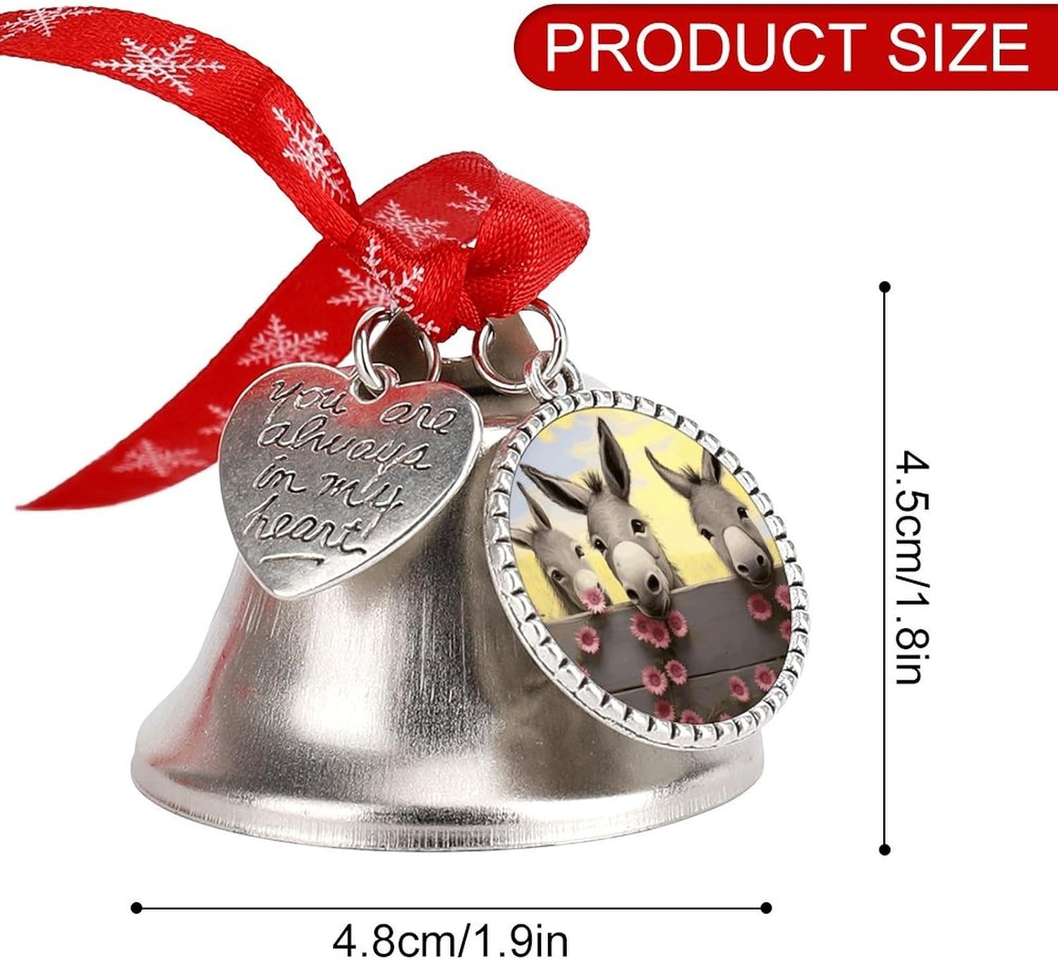 Donkey and Flower Bell Ornament Red Ribbon for Christmas Tree Holiday Decoration Personality Believe Bell Ornaments Sleigh Bells for Winter New Year Party Supplies