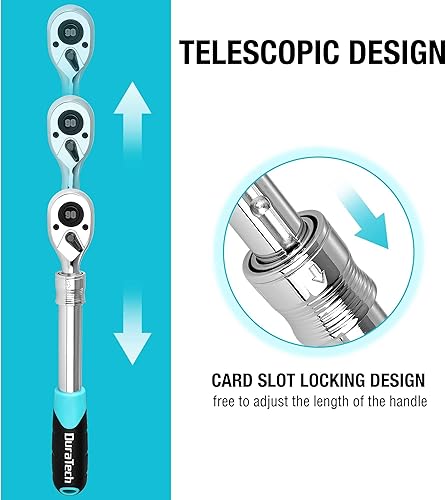 Miniatura 3 de DURATECH Trinquete extensible de 12 pulgada, llave de trinquete de liberación rápida de 90 dientes con mango de cojín y eje de bloqueo telsecopio (5