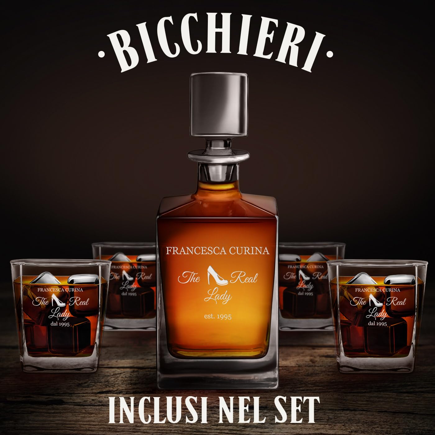 Set Decanter Per Whisky Maverton - Caraffa 810ml Con 4 Bicchieri, Incisione Personalizzata | Regalo Elegante - Foto 2