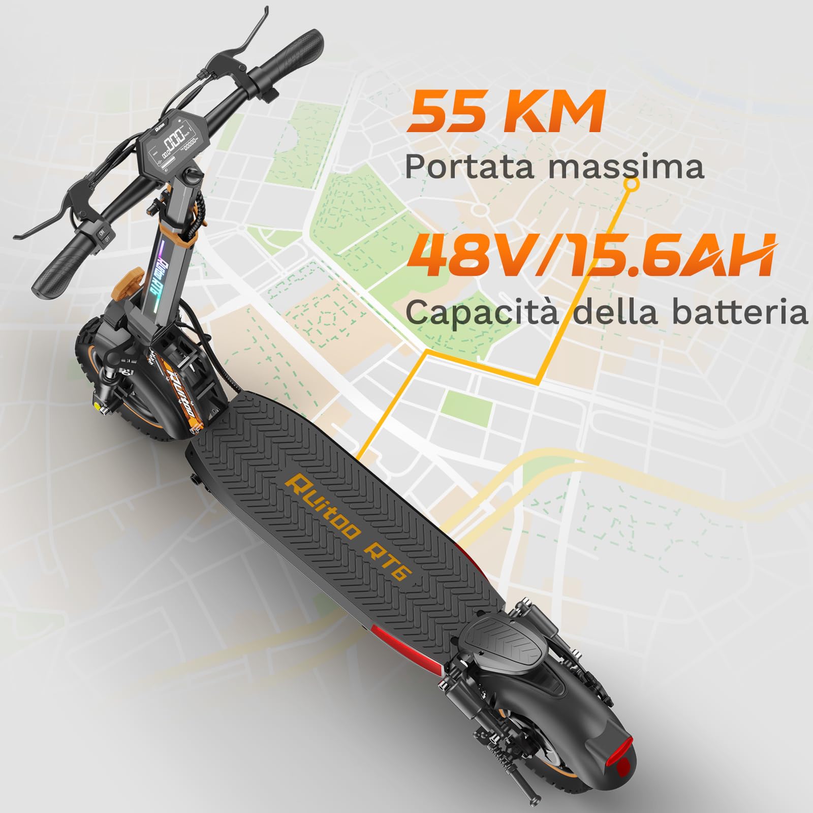 RT6 Monopattino Elettrico Pieghevole, Autonomia 55km, Ammortizzatore Idraulico Ant., Freno a Disco, Luci LED Full, 3 Velocità, Ruote 10", 120KG, Batteria 48V 15,6Ah