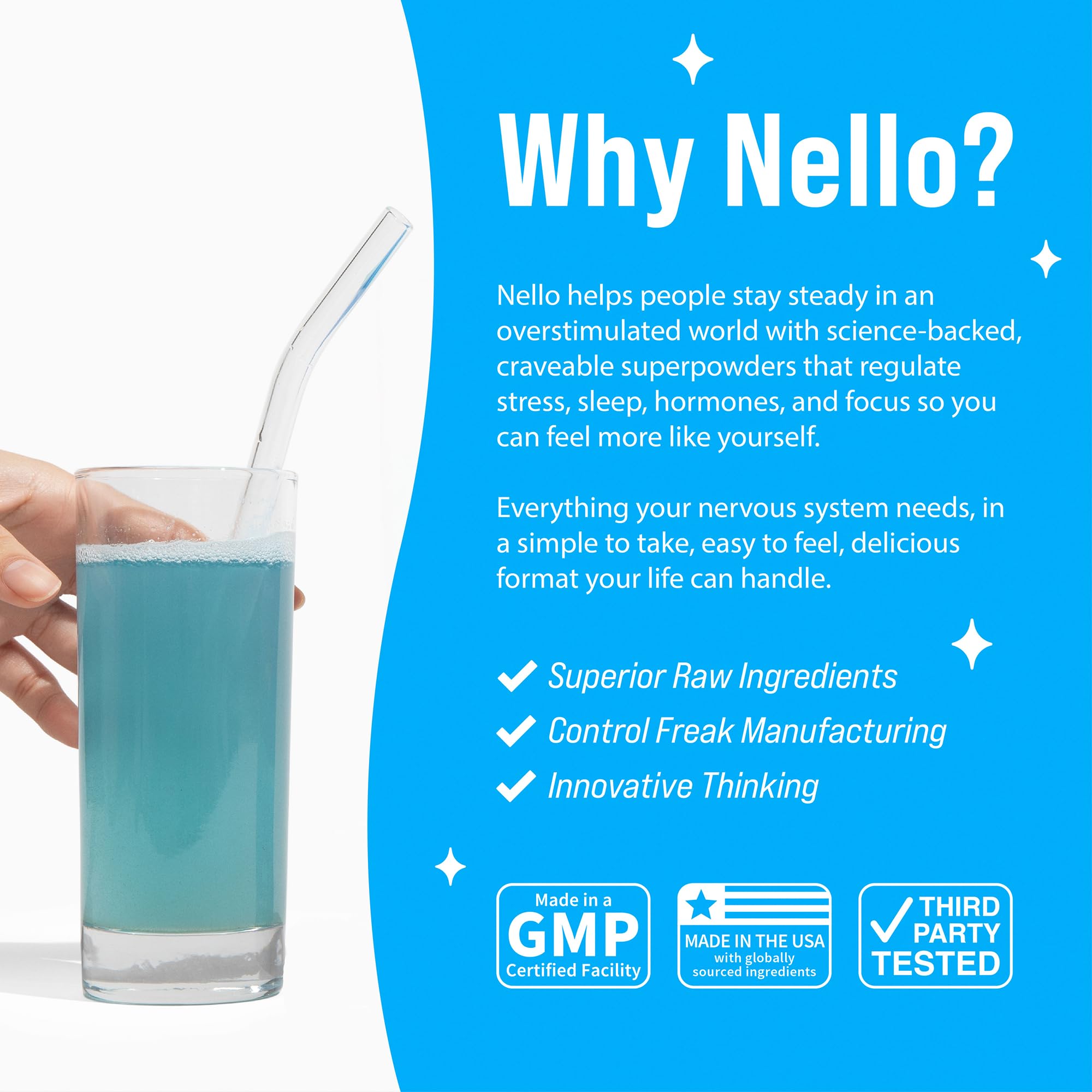 Nello Supercalm Powdered Drink Mix Tub, Cortisol Reducer* and Sleep Aid Supplement, L Theanine, Ksm-66 Ashwagandha, Magnesium Glycinate, Vitamin D 3, No Sugar, Non GMO, On The Go, 30 Ct, Blue Coconut — Amazon image 6