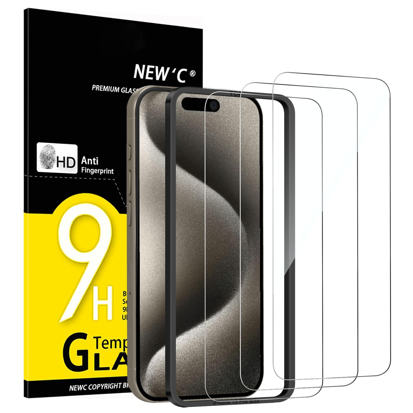 NEW'C 3 Pack Designed for iPhone 15 Pro Max Screen Protector (6.7 inches),Enhanced Tempered Glass Protection with easy installation tool included,
