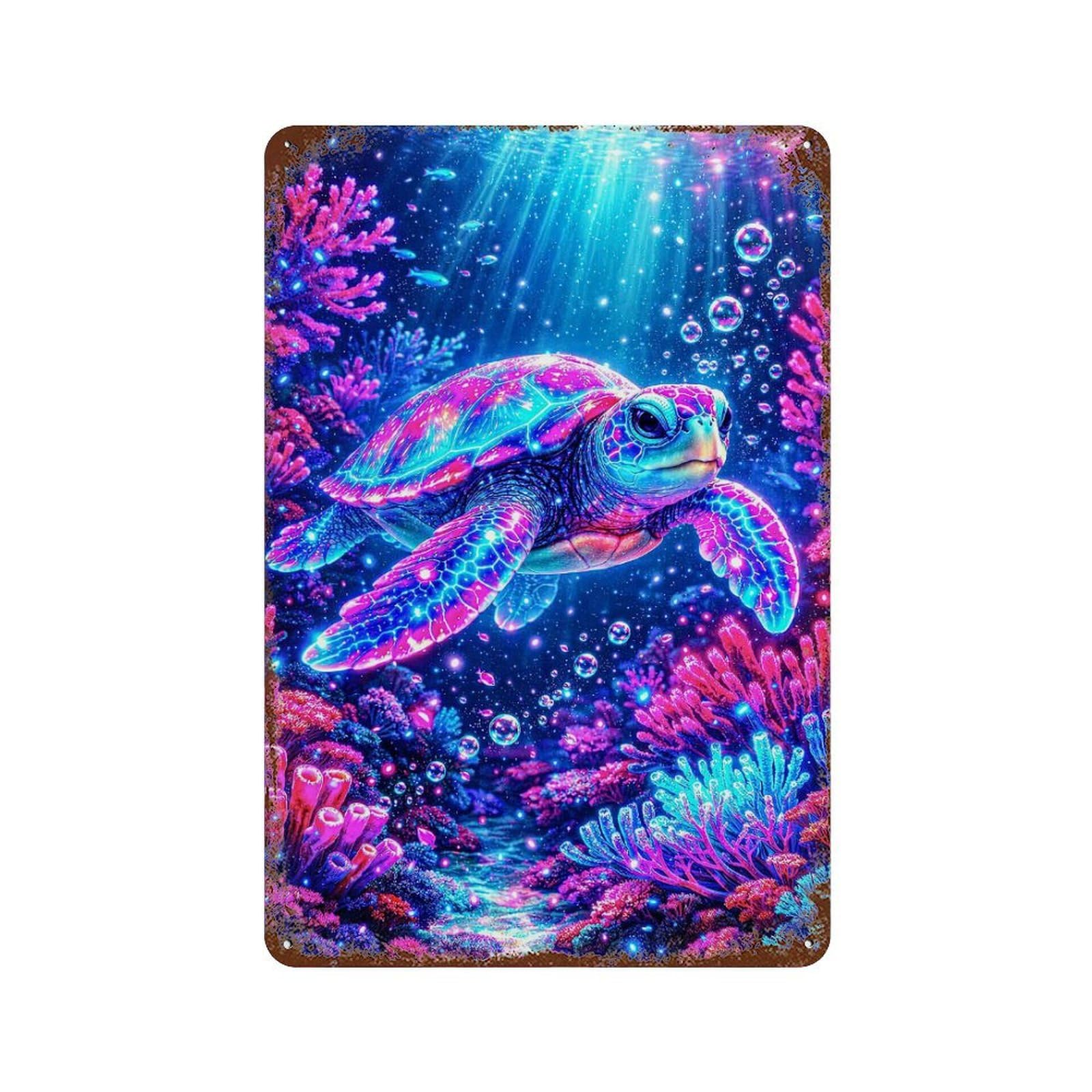 Neon Turtle Underwater Coral Reef 11.8"x7.9" Distressed Metal Wall Sign, Retro Wall Decor for Garage, Bar And Workshop Decor