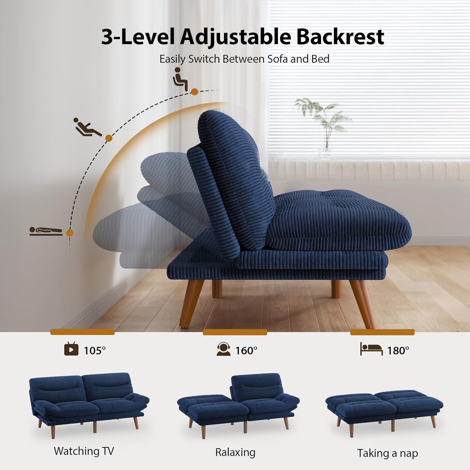 Pipishell Futon Sofa Bed, Modern 66" Futon Couch Convertible to Bed & Lounger, Compact Size, Corduroy Loveseat, Durable Construction - Fits Small Spaces, Apartments,Study Room (Sky Blue, 66 Inch)