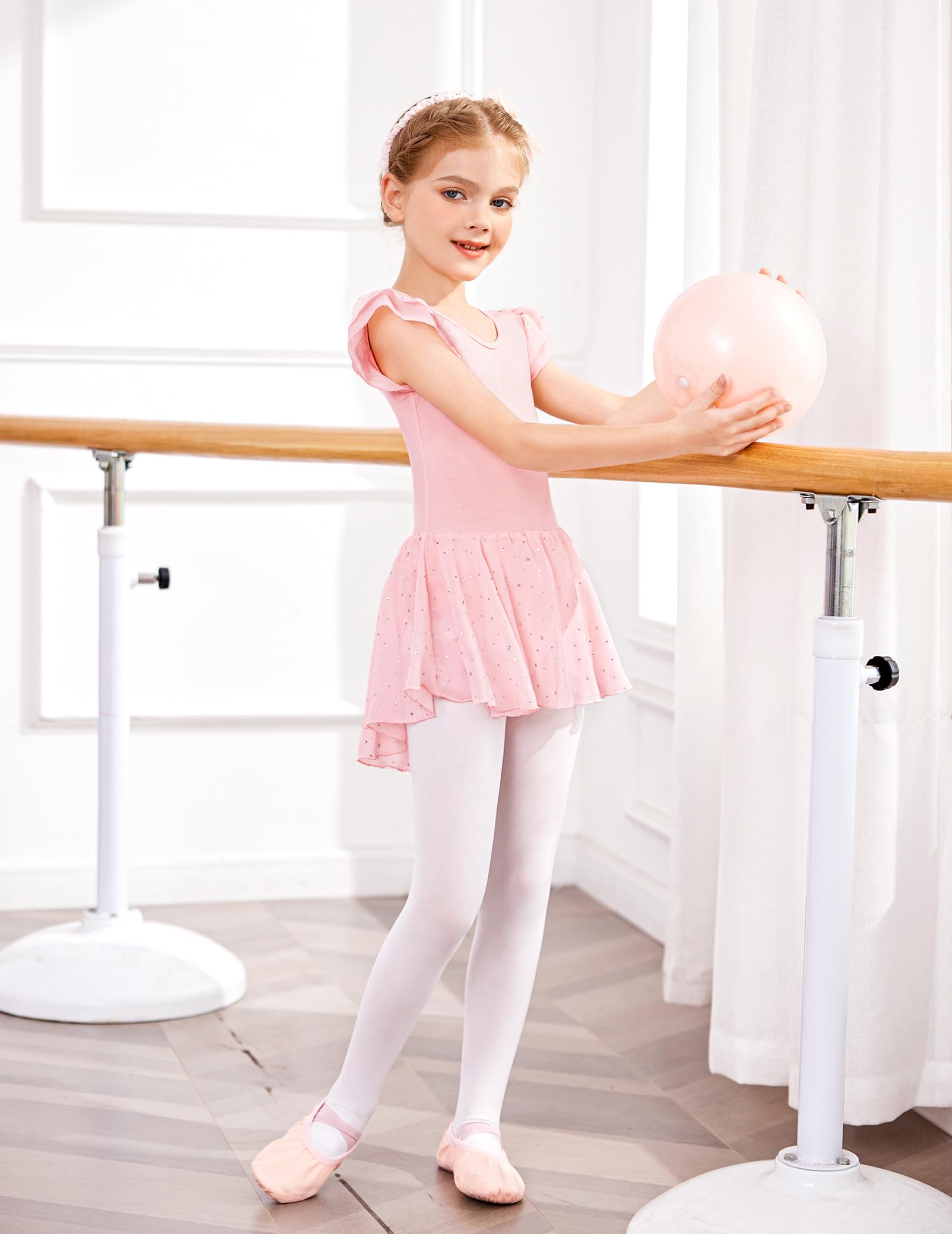 Arshiner Traje de Ballet para Niñas de 2-10 Años Sin Espalda Manga Corta Ropa de Danza Mono de Algodón con Falda Irregular con Lentejuelas — view 7