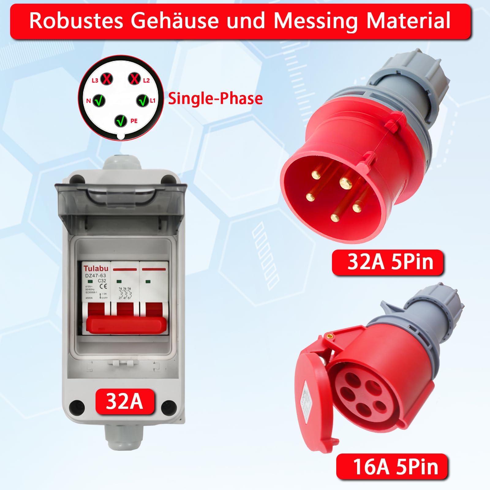 Adattatore CEE 32A a 16A CA con interruttore di protezione del cavo, monofase, 5 poli IP44 impermeabile, 3x2,5 mm², ideale per industria, cantiere, camper e uso domestico