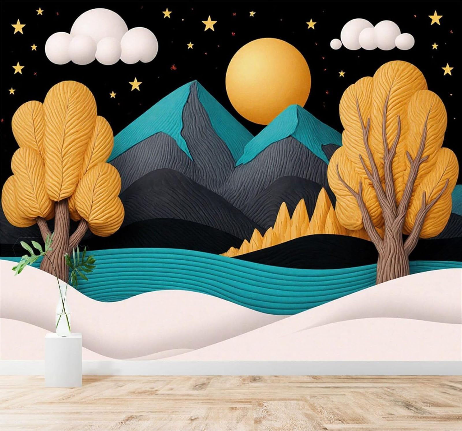 XLMING Abstract Mountain Scenery Golden Trees Moonlight Sky 3D Wallpaper Silky Texture Home Study Office Grey Dining Room Sofa Bedroom Living Room TV Backdrop-430cm×300cm